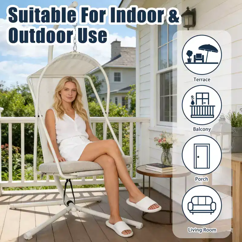GDFStudio Aleksei Modern Metal Patio Hanging Egg Chair with Water and UV Resistant Cushion