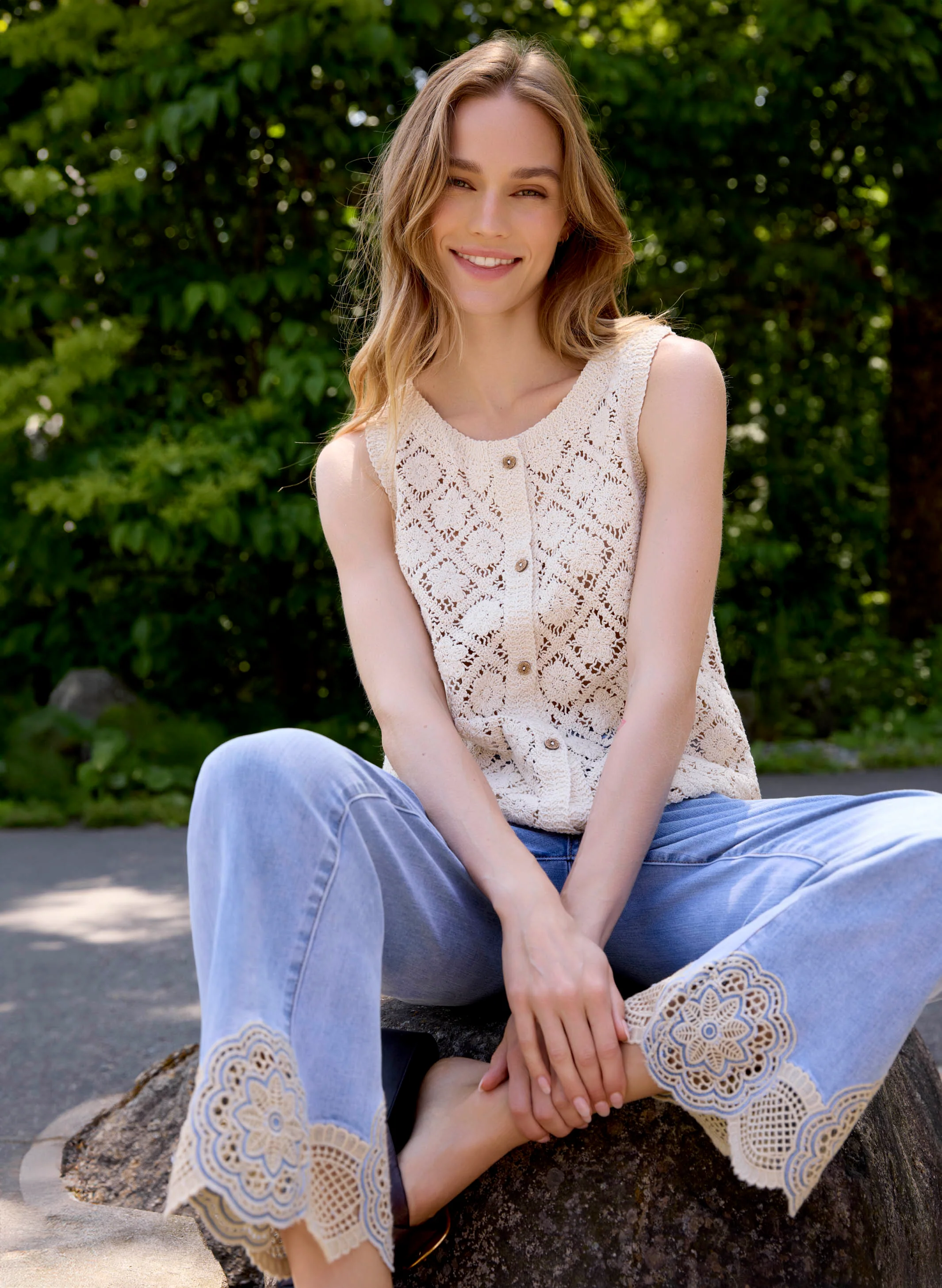 Crochet Cotton Sleeveless Vest - Natural