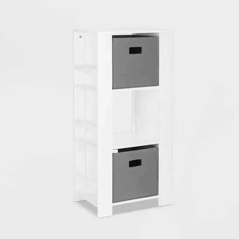 RiverRidge Kids' Bookshelf and Toy Organizer Tower with 3 Cubbies and 6 Bookracks White with 2 Fabric Bins
