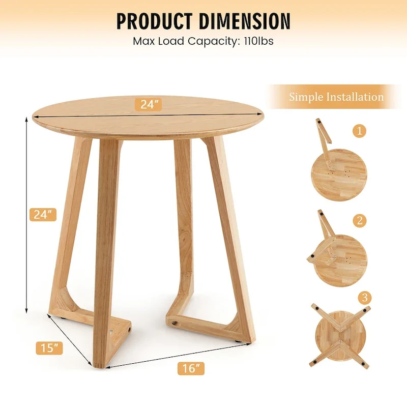 24 Round Side Table Solid Rubber Wood End Table Beside Sofa & Bed
