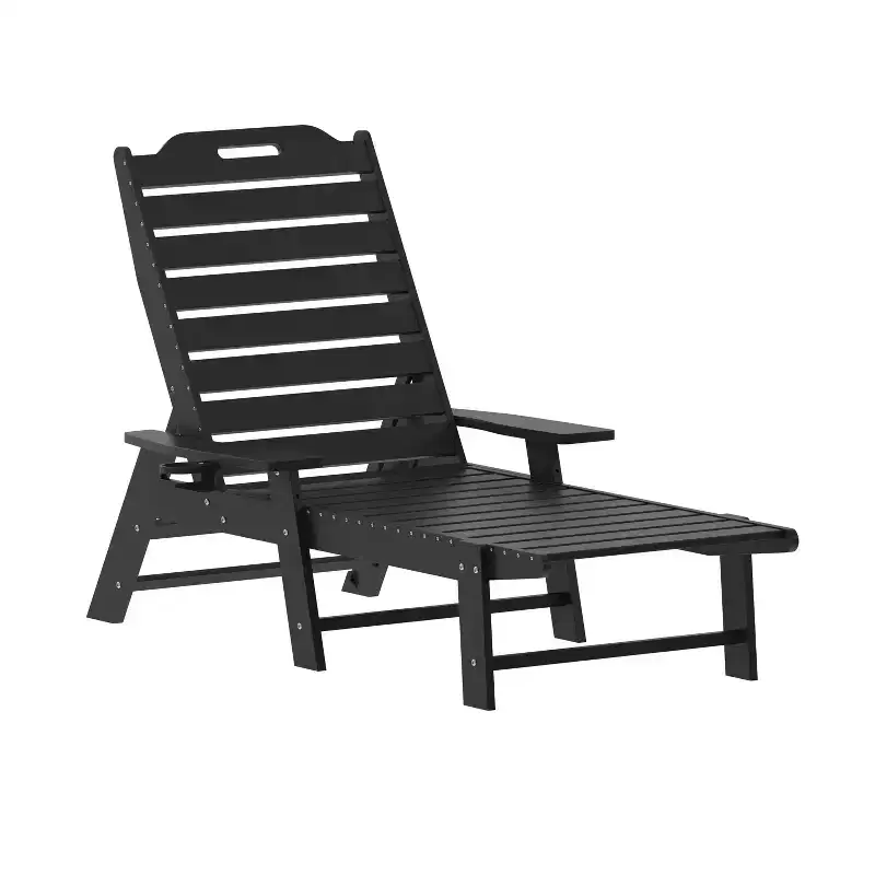 Emma and Oliver Set of 2 Poly Resin Adjustable Adirondack Lounger with Swivel Cup Holder for Indoor/Outdoor Use