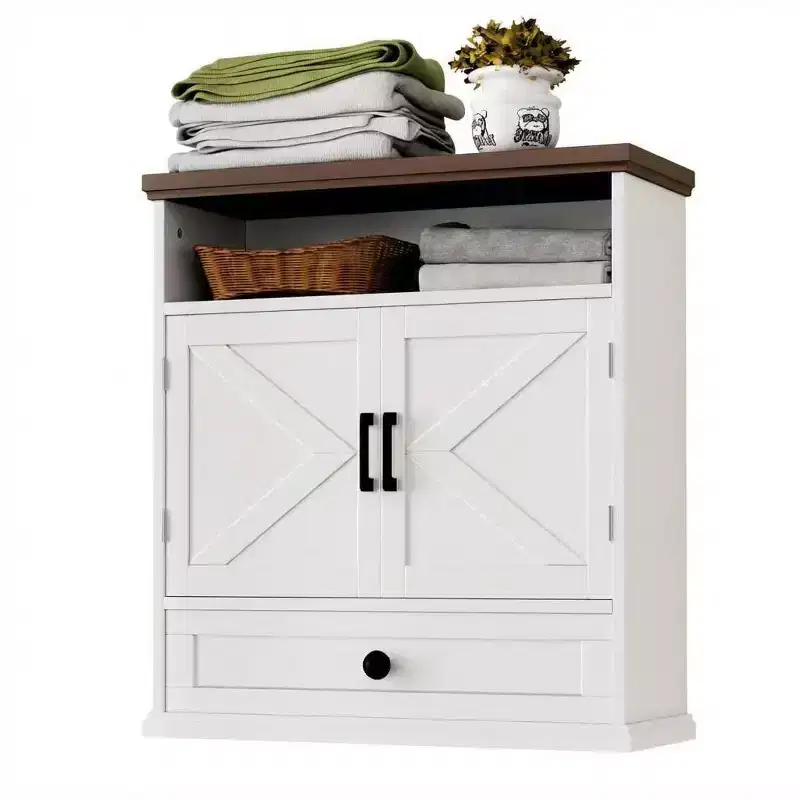 Farmhouse Bathroom Wall Cabinet with Double Barn Doors, Drawer & Adjustable Shelf, 24