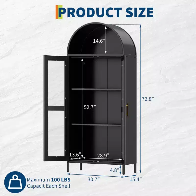 73 Arched Pantry Cabinet - Modern Farmhouse Glass Door Cupboard with 2 Adjustable Shelves, Freestanding Display Bookcase for Kitchen, Dining