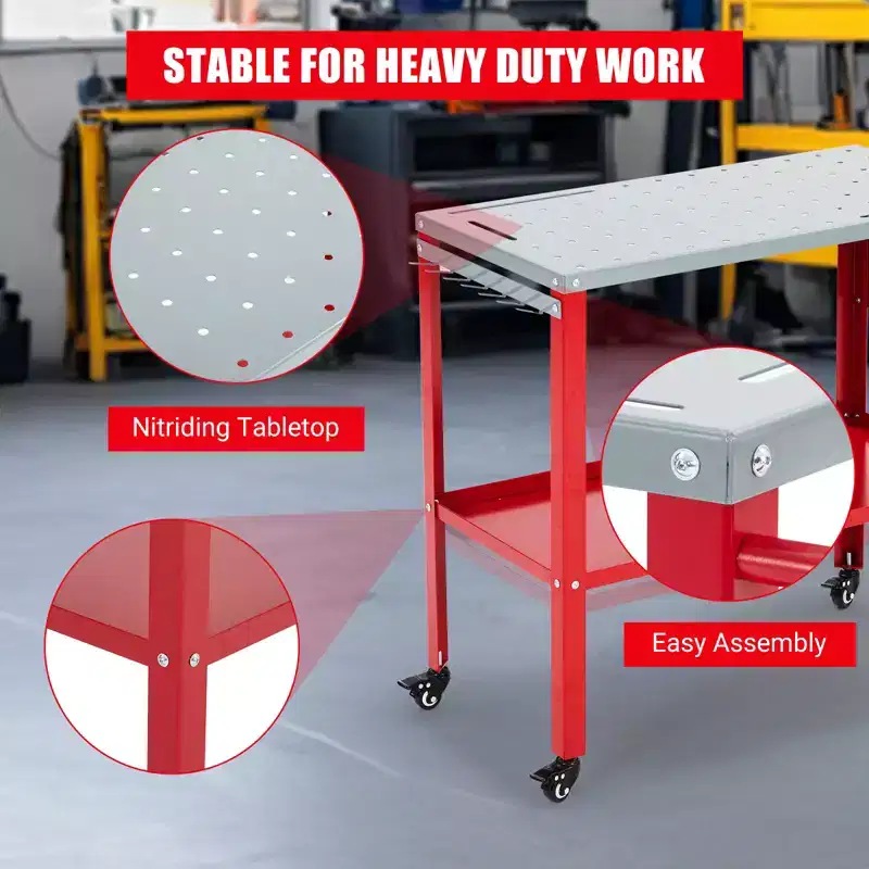 36x18 Welding Table, 1200 lbs Capacity Steel Workbench with 8 Tool Slots, 1/2 Fixture Holes, Welding Work Table with Tool Tray & 4 Lockable Caster