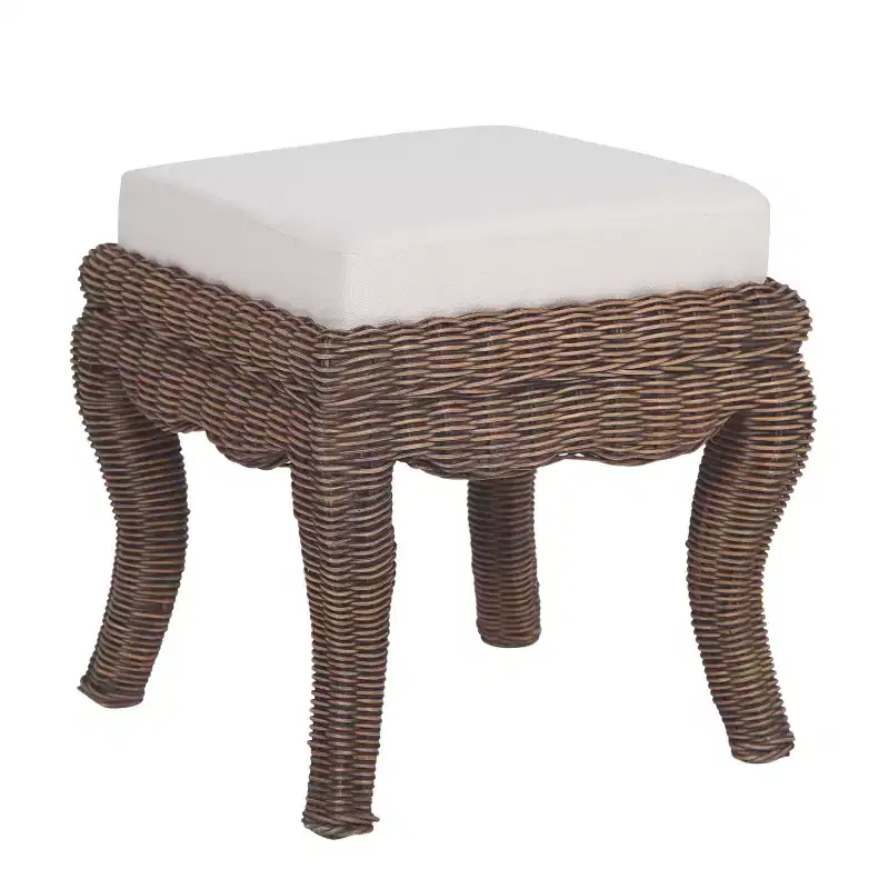 19.7 Bohemian Designer Woven Rattan/Wood Ottoman Vanity Stool, White Cushion Seat