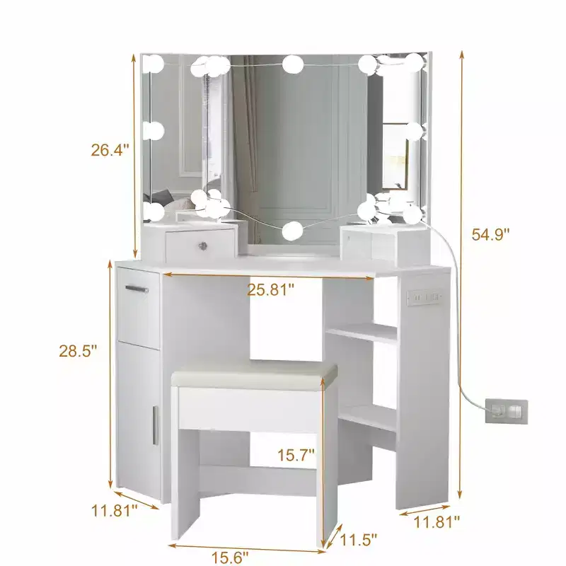 COZONY Corner Vanity Set with Lighted Mirror & Outlets, Drawers & Shelves, Makeup Table w/ Upholstered Stool