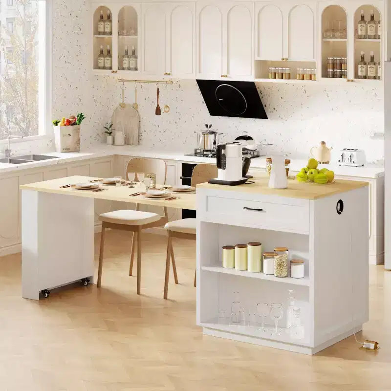 Kitchen with Dining Table, Kitchen Table with Outlet,2 Drawers 2 Side Shelves