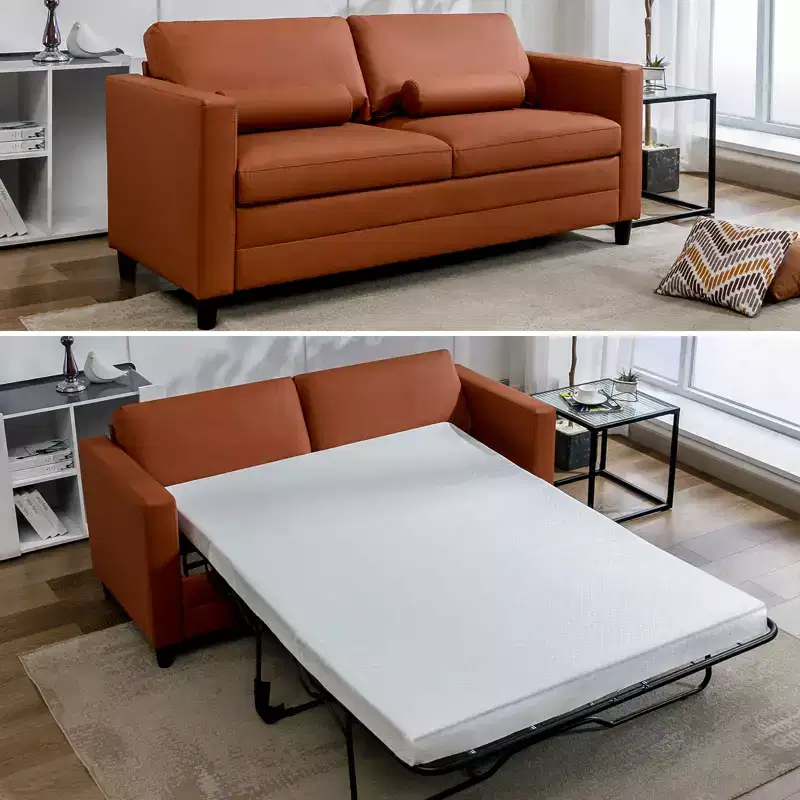 Mjkone Loveseat Sofa Bed, Leather 2-in-1 Sleeper Sofa With Foldable Mattress, Pull out 2-Seater Couch Bed With Metal Frame For Small Space