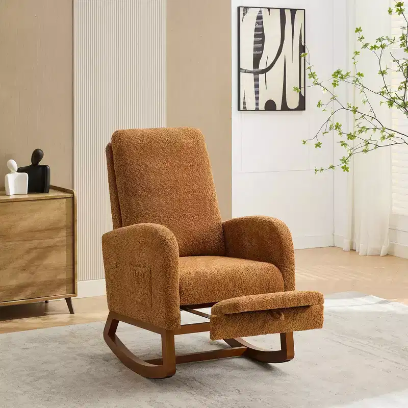 Rocking Accent Chair with High Back Glider, Side Pocket & Retractable Footrest for Living Room, Bedroom & Nursery