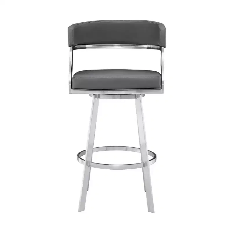 Armen Living 30" Saturn Faux Leather Stainless Steel Barstool Gray: Swivel, Low Back, Footrest, Fixed Height