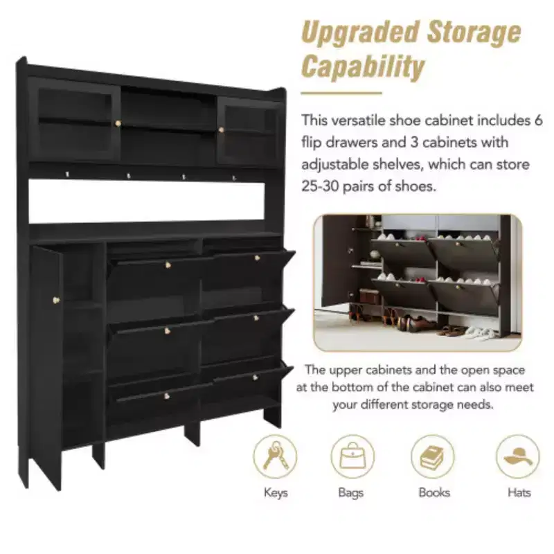 Six-Drawer Hall Tree with Tipping Buckets, Glass Doors, and 4 Hooks - Foyer Storage for Hallway