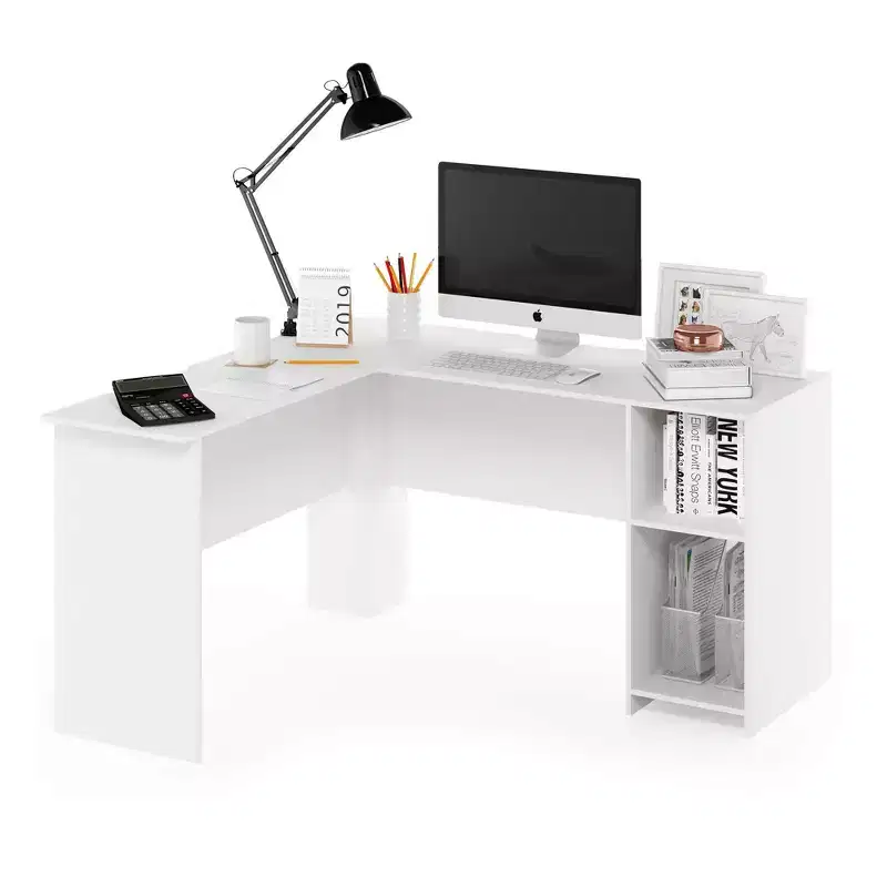 Furinno L-Shaped Computer Desk Study Gaming Table Corner Workstation with Open Bookshelves,White