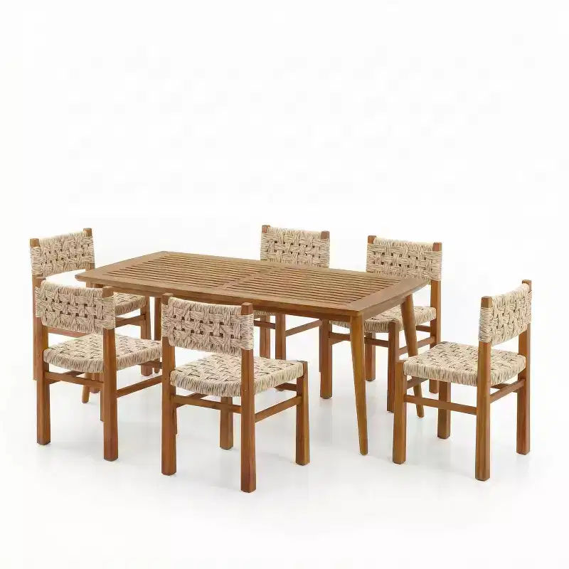 Christopher Knight Home Hailey 7 Piece Farmhouse Outdoor Acacia Wood Wicker Dining Chairs with Slatted Table