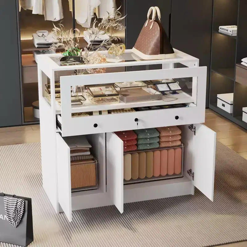 White Jewelry Armoire with Locking Glass Display Cabinet, Modern Freestanding Storage Organizer for Bedroom, Kitchen and Living Room