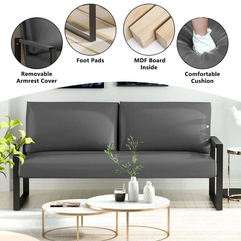 Mieres Mid-Century Style Faux Leather Loveseat Sofa with Steel Frame
