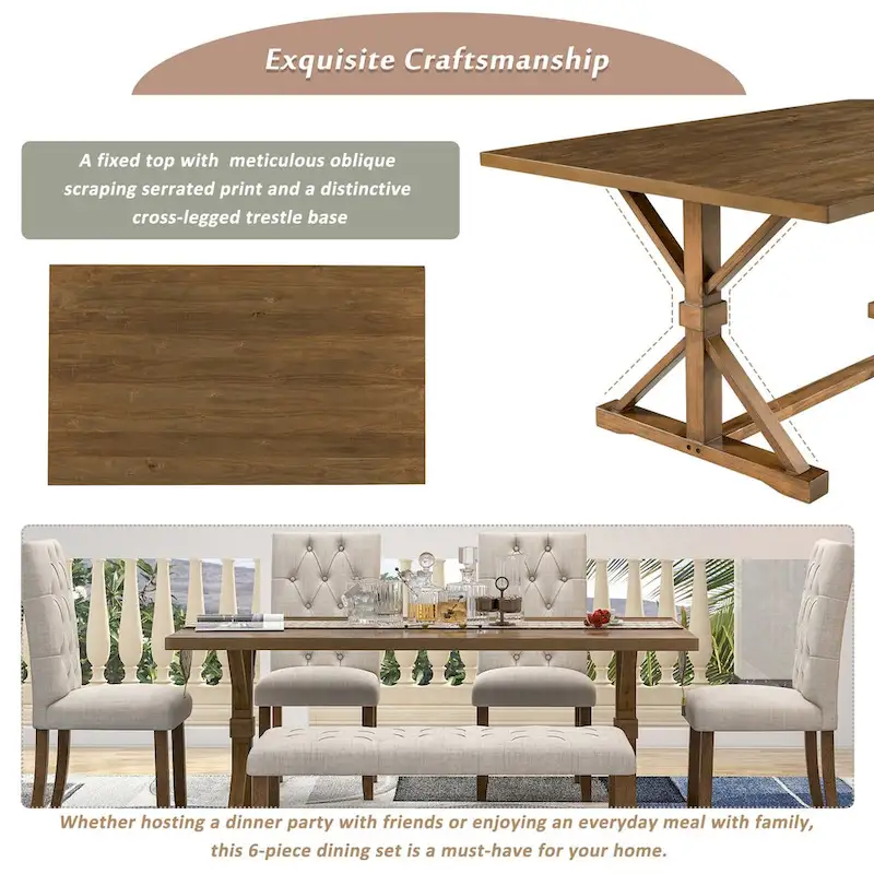 6-Piece Farmhouse Dining Table Set 72 Wood Rectangular Table, 4 Upholstered Chairs with Bench