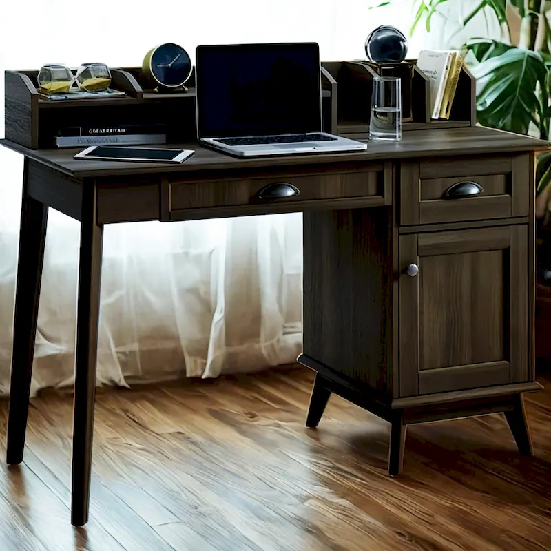 Golden Oak / Smoky Oak Writing Desk with Hutch – Modern Style, 1-Person