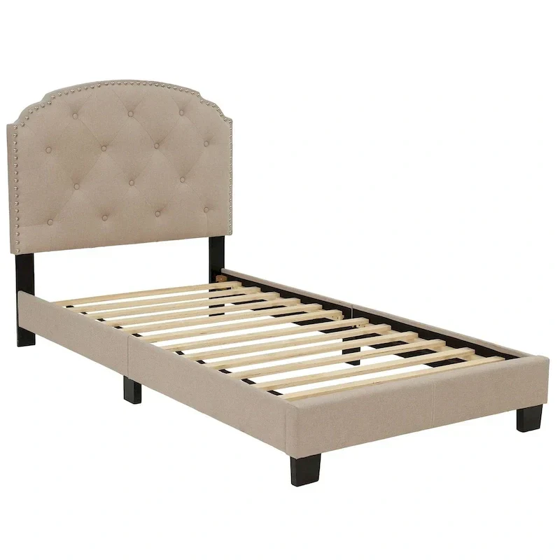 Light Brown / Charcoal / Light Grey Button Tufted Platform Twin Bed, 1-Person