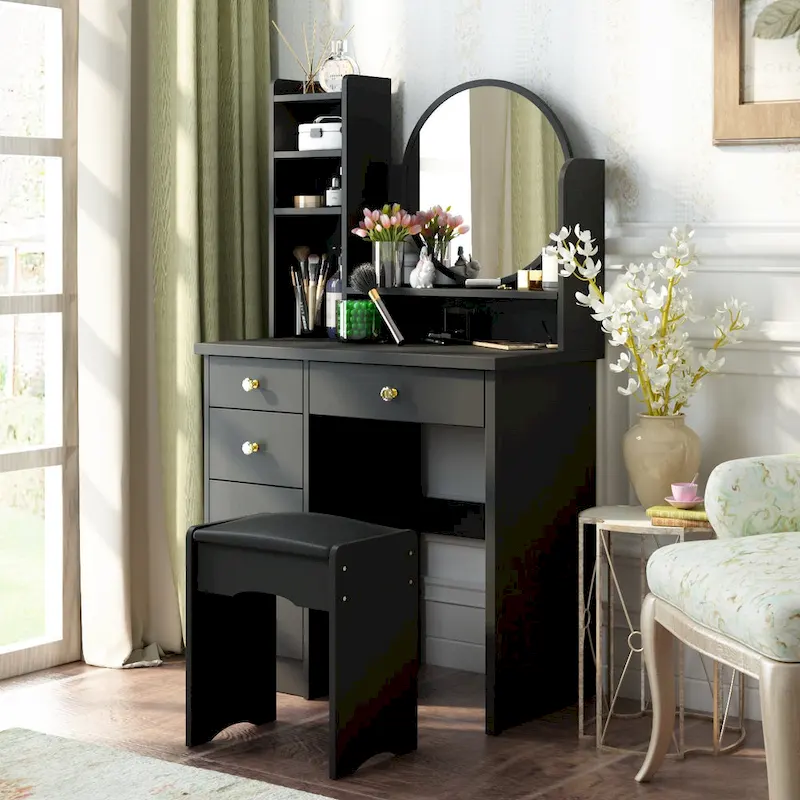 Timechee Makeup Vanity Set with Round Mirror, Drawers & Shelves - White - 31.5L x 15.7W x 52H