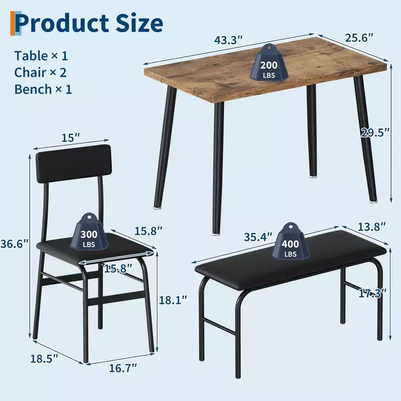 Dining Table Set for 4, Wood Kitchen Table with Upholstered Bench & 2 Chairs, Space-Saving Furniture for Kitchen, Dining Room, Apartment, Retro Style