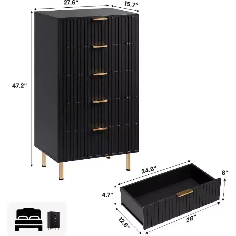 5 Drawer Dresser for Bedroom, Tall Modern Chest of Drawers with Deep Drawers and Wide Top, Fluted Wooden Dresser Organizer for Living Room