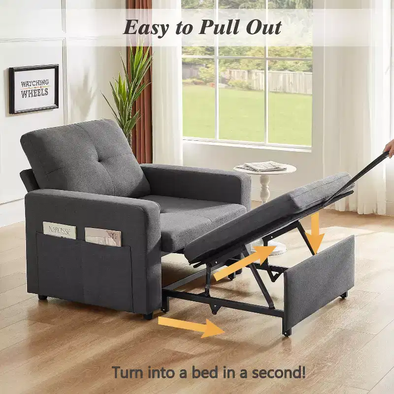42.5 Inch 3-in-1 Sleeper Chair Bed, Convertible Sofa Chair with Pull Out Bed, Adjustable Backrest, Side Pockets