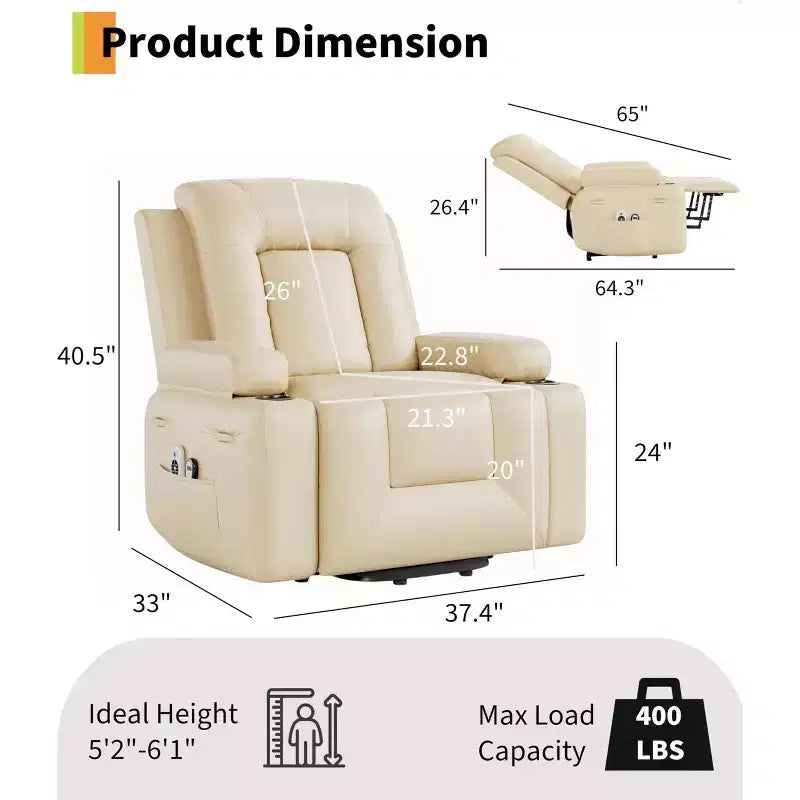 Power Lift Recliner Chair with Heat & Massage, Electric Adjustable PU Leather Recliner for Elderly, Remote Control, Side Pocket, Comfortable Support