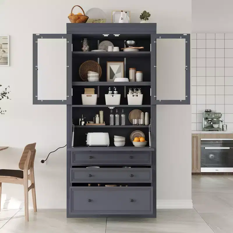 Waylon Kitchen Pantry Storage Cabinet with Power Outlet, 3 Drawers and Adjustable Shelves