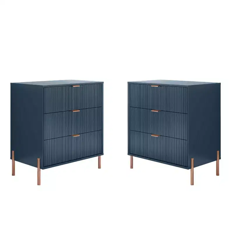 Festivo 2pc Modern Elegance 3 Drawer Nightstands Side Table Set Navy
