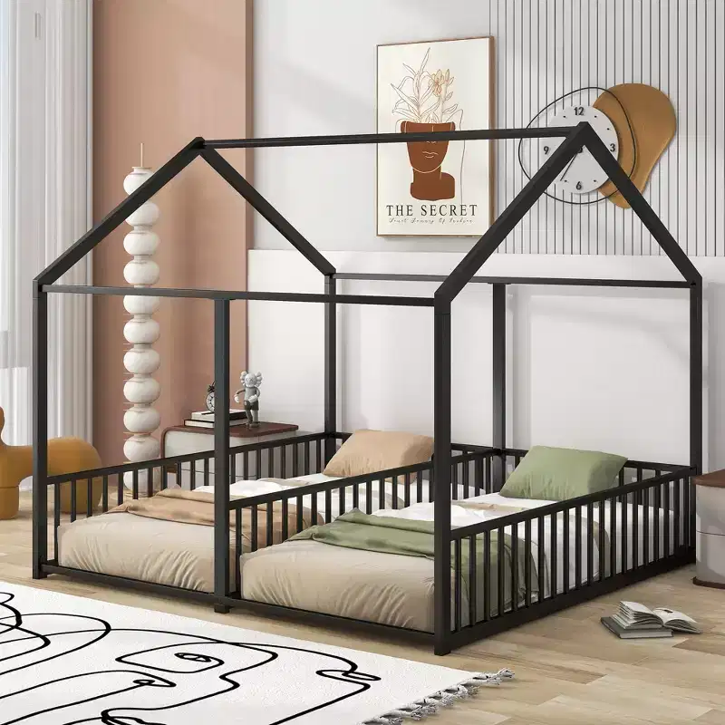 Whisen Metal Twin Size House-Shaped Platform Beds with Two Shared Beds