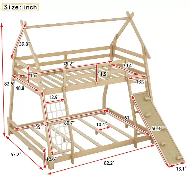 Twin Over Queen House Bunk Bed with Climbing Nets and Ramp