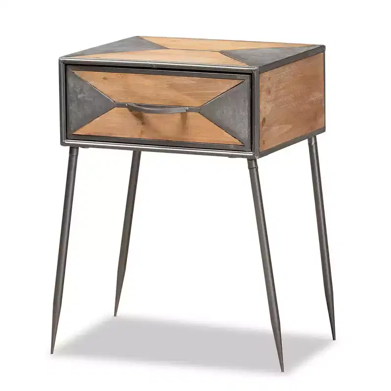Metal and Wood 1-Drawer Nightstand in Gray/Brown