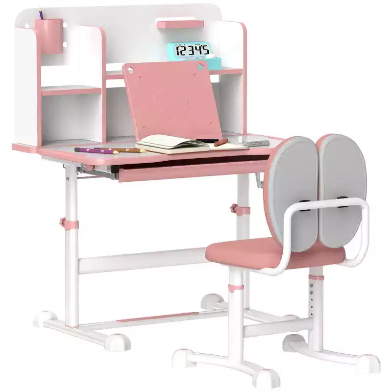 Qaba Kids Desk and Chair Set, Height Adjustable Kids School Study Desk and Chair Set with Tilt Desktop, Storage Drawer and Reading Rack, Pink
