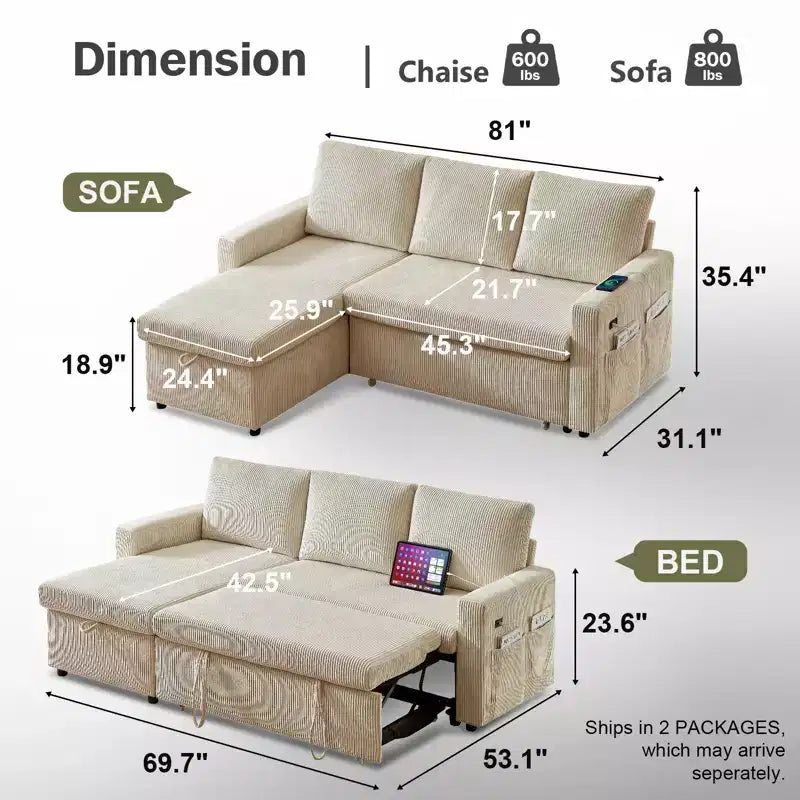 Dyonery L-Shaped Couch Sectional Sleeper Sofa with Reclining Backrest 81 Sleeper Sofa with Pull Out Bed,Reversible Storage Sofa,Tool-Free Assembly