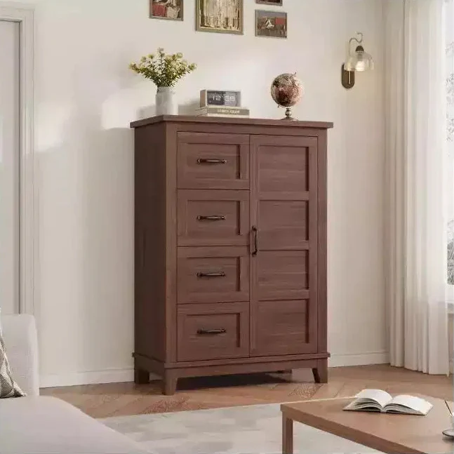 45.7 Inch Dresser with 4 Drawers and Door - Walnut, Freestanding Bedroom Storage Chest