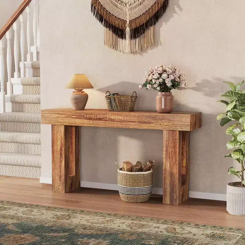 63 Inch Long Console Table for Entryway, Narrow Sofa Table Behind Couch, Farmhouse Industrial Oak Accent, Brown