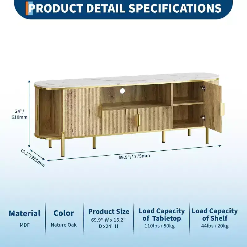 Round Wave Pattern Four-Door TV Stand 70 Large Luxury Entertainment Center, Adjustable Shelves