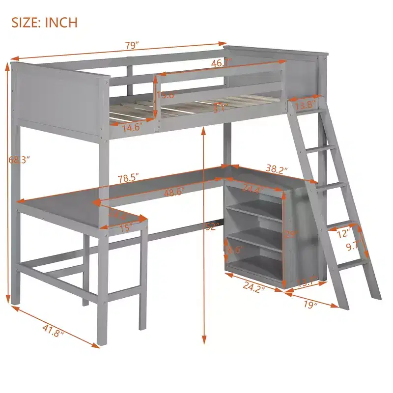 Bellemave Twin size Loft Bed with Shelves and Desk, Wooden Loft Bed with Desk - Gray