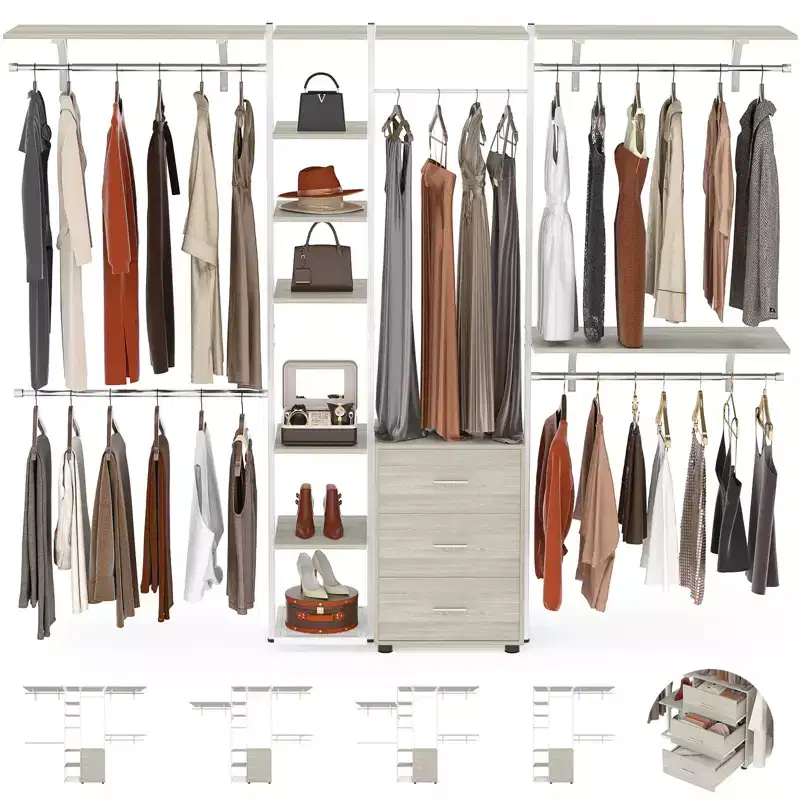 Closet Organizer System with Tower Shelving & 3 Drawers, 96