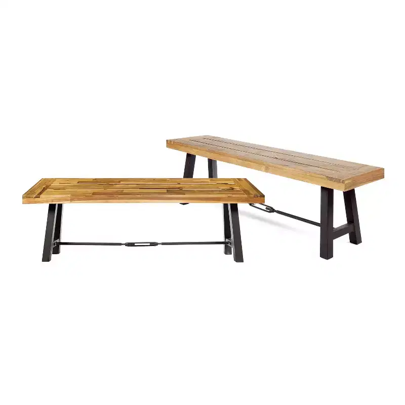 GDFStudio Rosario Outdoor Acacia Wood Dining Benches (Set of 2), Teak/Rustic Metal