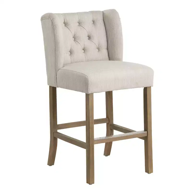 Set of 2 Beige Upholstered Counter Height Stools with Brown Solid Wood Frame