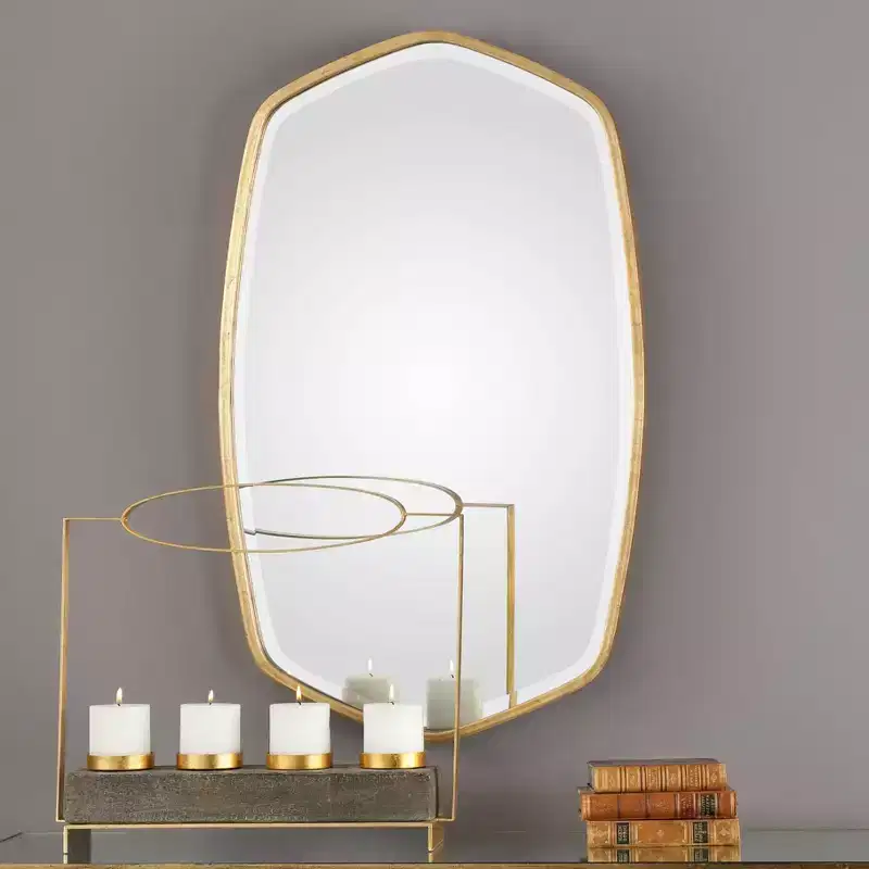 Oval Vanity Accent Wall Mirror Modern Beveled Gold Leaf Iron Frame 22 1/4 Wide