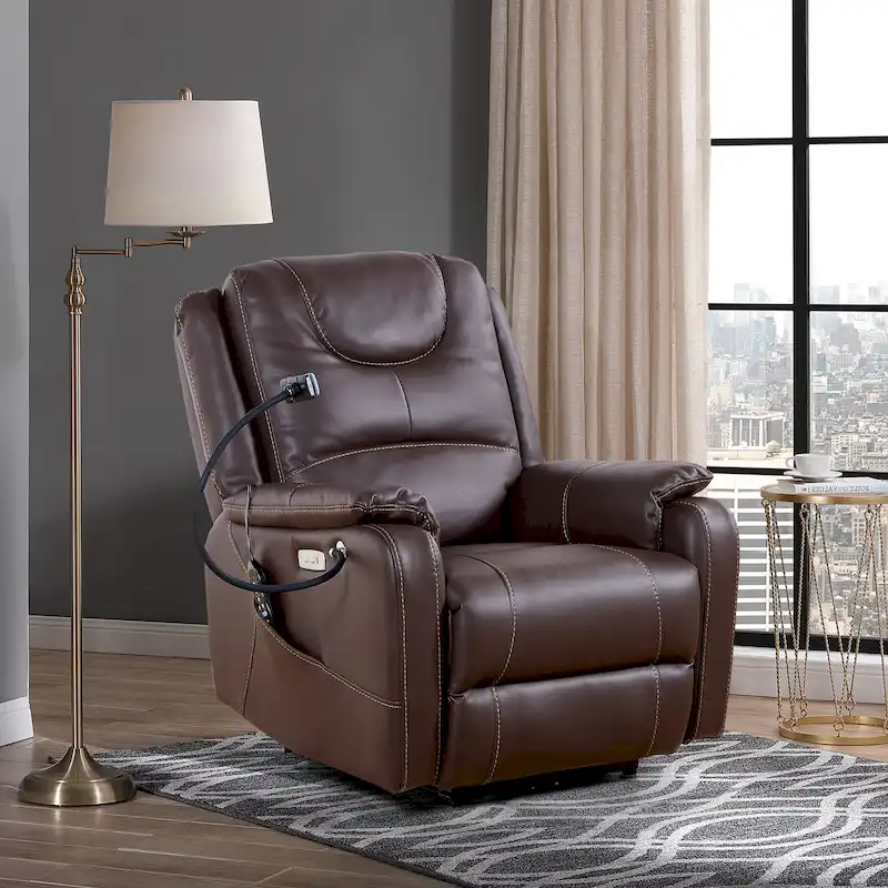 Brown / Black Faux Leather Power Recliner Chair with Massage & Heating, Single Seat