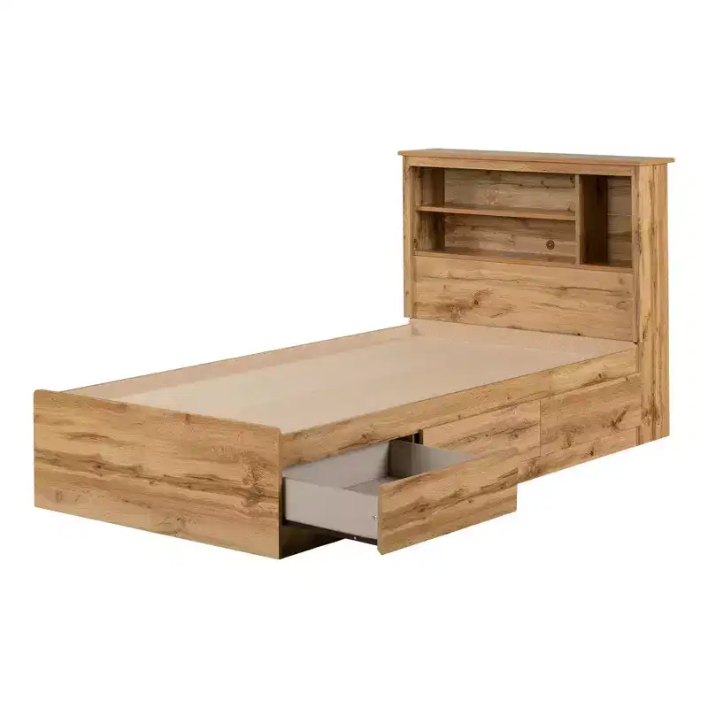 South Shore Twin Bed and Headboard Set Nordik Oak: 6-Compartment Storage, Laminated Particle Board