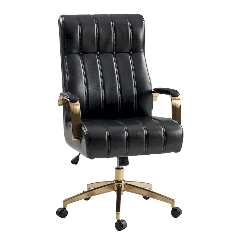 Mid-Century Modern Vegan Leather Swivel Tilting Office Chair with Channel Tufted and Metal Feet