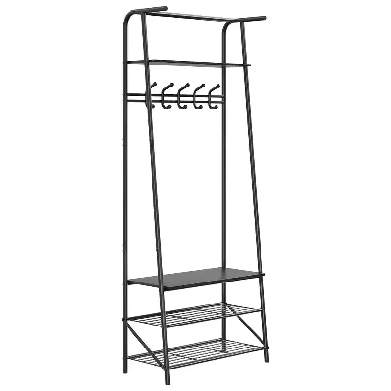 Industrial Entryway Hall Tree with Double Hooks, Shoe Storage Bench, and Top Shelf C Sturdy Metal Frame Coat Rack with Bench