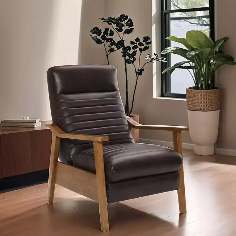 Leopold Modern 41.5 Wood and Faux Leather Upholstered Push Back Recliner