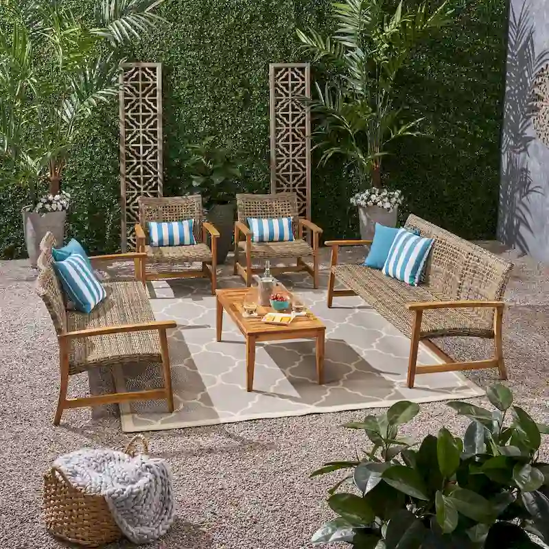 Hampton Outdoor 5-piece Wood and Wicker Sofa Chat Set by Christopher Knight Home