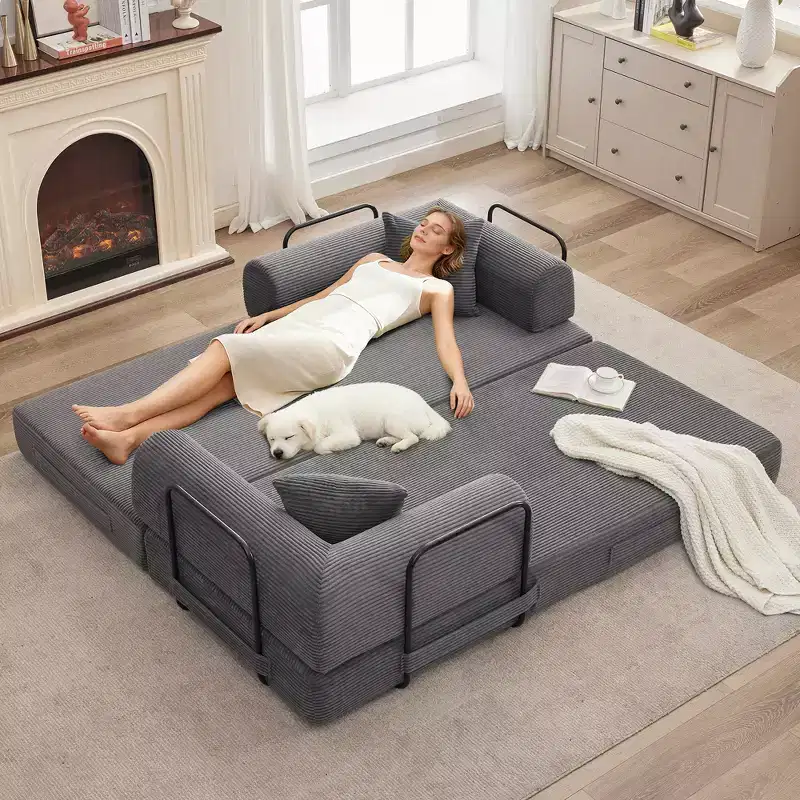 78.7 Convertible Sleeper Sofa Bed, 4-in-1 Corduroy Folding Sleeper Sofa Couch with Fixed-Shape Frame & Pillow, Loveseat Sleeper for Living Room