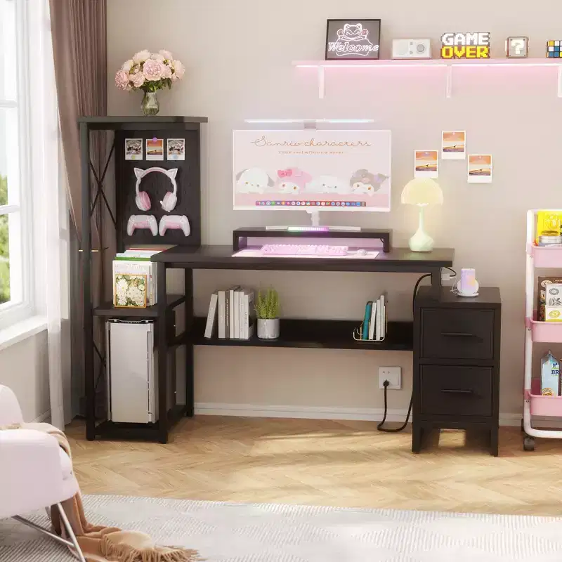 Besiost Computer Desk with Power Outlets and Fabric Drawers